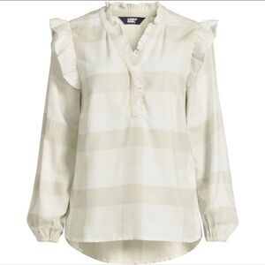 Lands' End | Ruffle Front Flannel Popover Blouse - Small - Ivory/Portobello